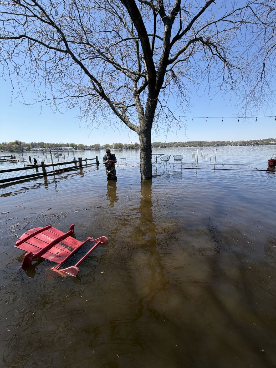 Flooded lakefront yard on the Chain O'Lakes during the 2026 spring flood, Fox Lake IL