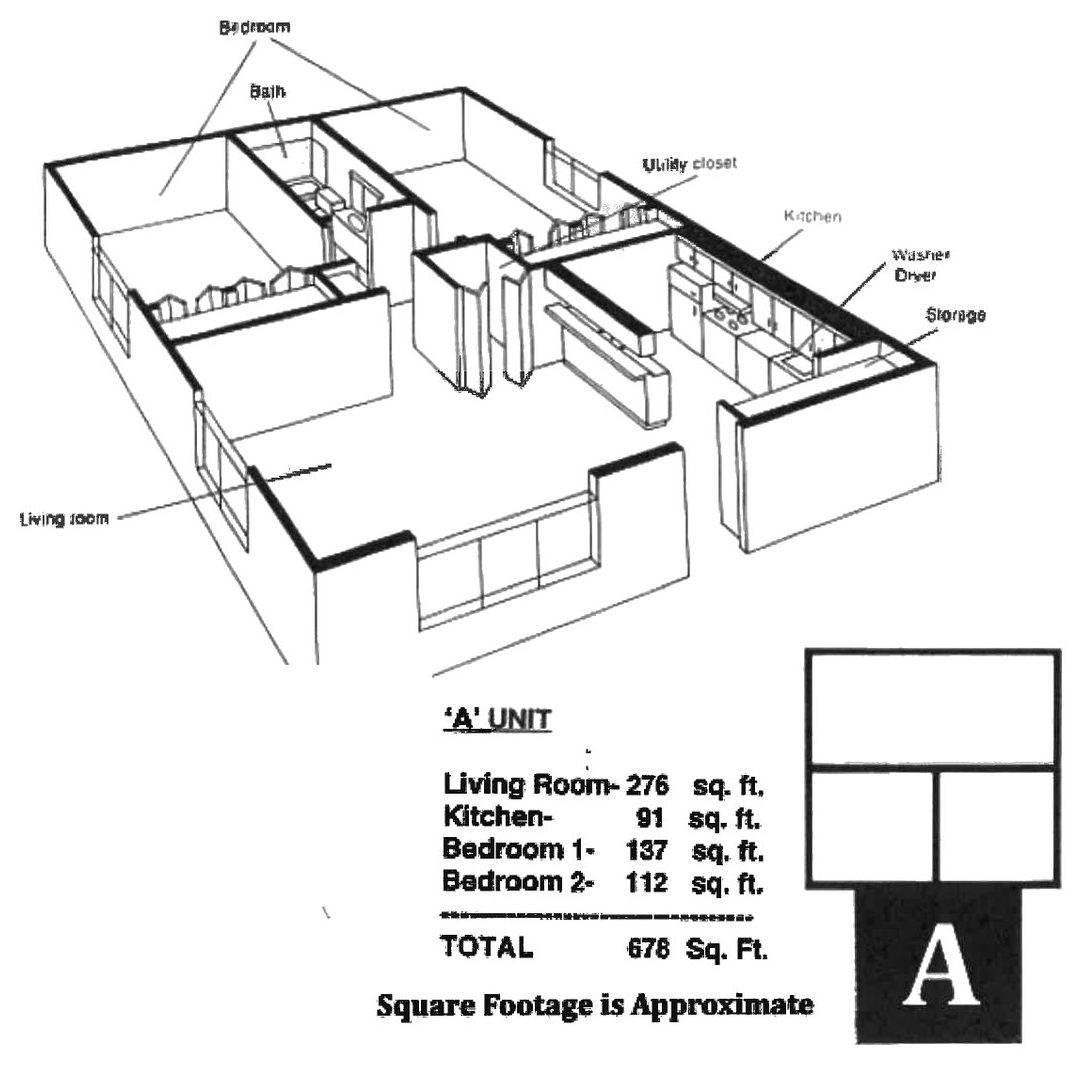 Quincy Park Prospect Heights floor plan A — 678 sq ft two-bedroom single-level condo layout