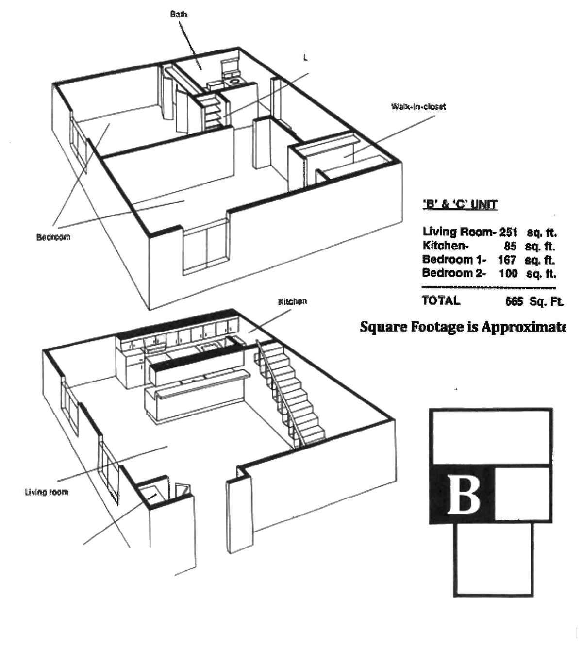 Quincy Park Prospect Heights floor plan B — 665 sq ft two-story two-bedroom condo layout