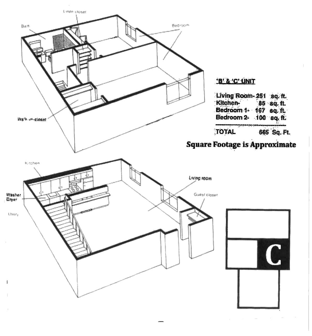 Quincy Park Prospect Heights floor plan C — 665 sq ft two-story two-bedroom condo layout, mirror of plan B