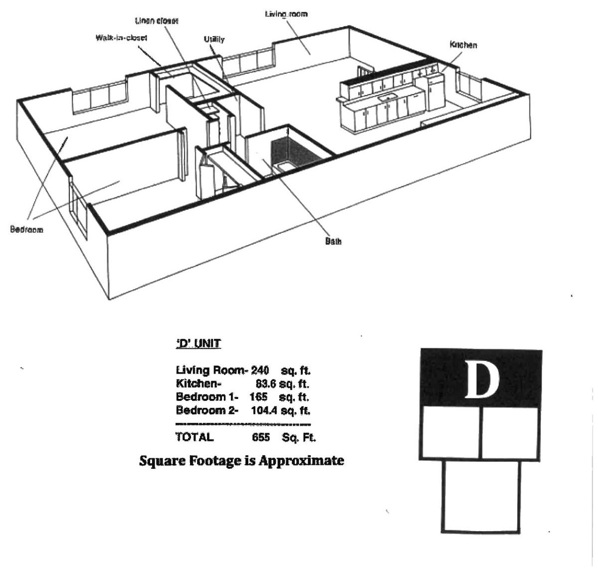 Quincy Park Prospect Heights floor plan D — 655 sq ft two-bedroom single-level condo layout